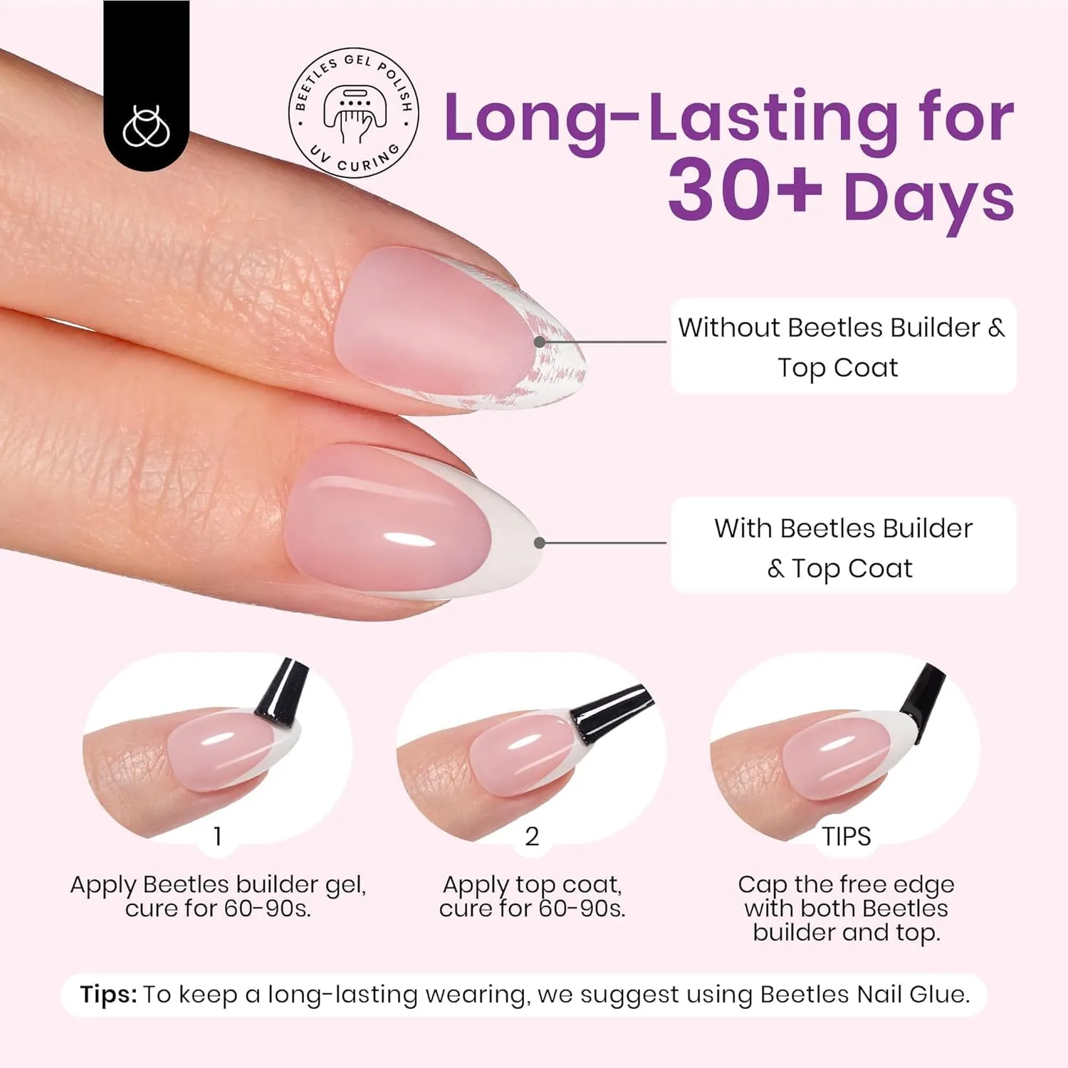 Beetles Extra Short Press On Nails: 210 Pieces Pink Ultra-Short Almond Gel Nail Tips with Pre-Applied Primer & Base Coat, No Filing Needed, DIY Manicure