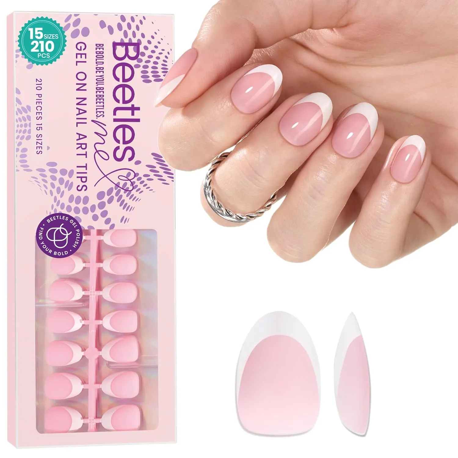 Beetles Extra Short Press On Nails: 210 Pieces Pink Ultra-Short Almond Gel Nail Tips with Pre-Applied Primer & Base Coat, No Filing Needed, DIY Manicure