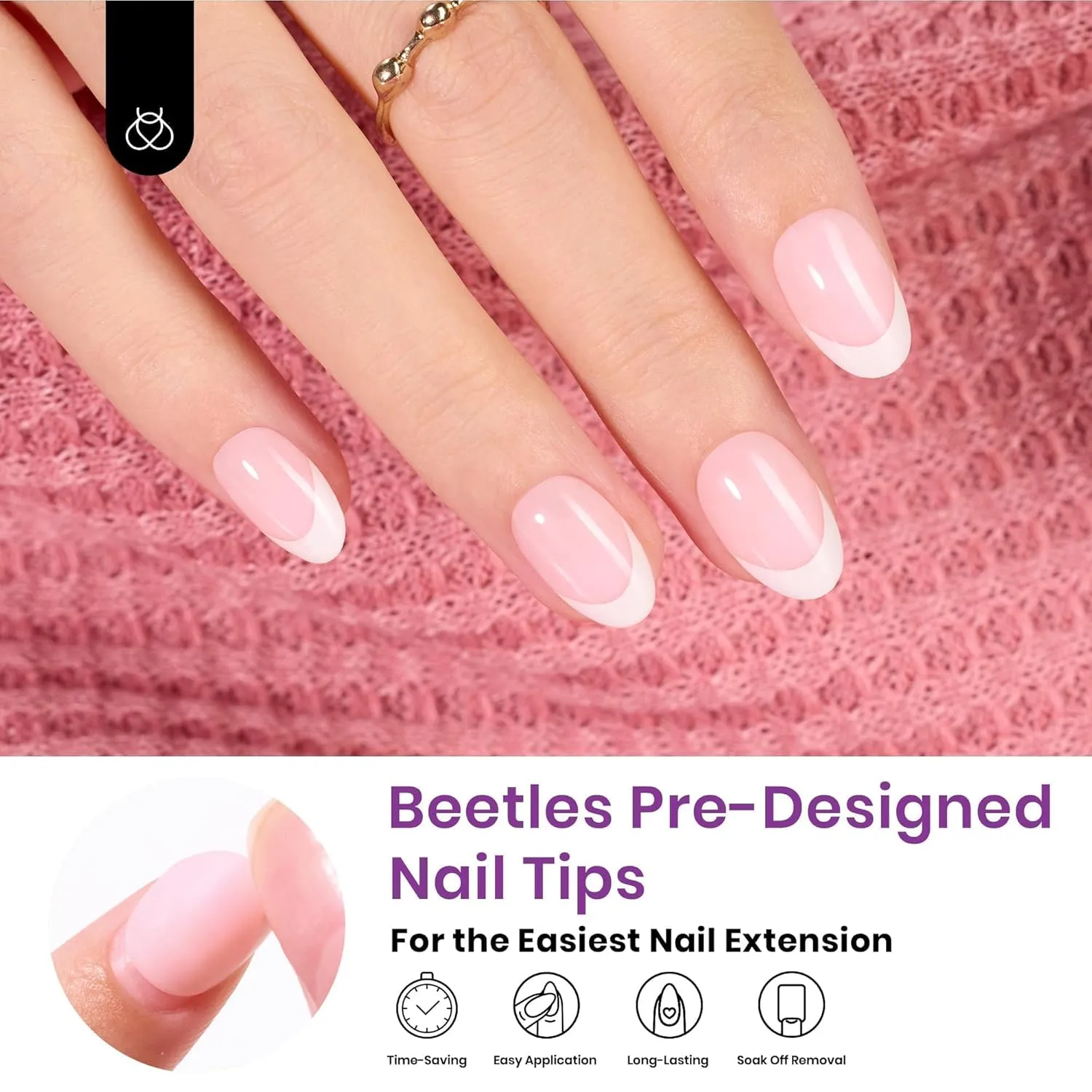 Beetles Extra Short Press On Nails: 210 Pieces Pink Ultra-Short Almond Gel Nail Tips with Pre-Applied Primer & Base Coat, No Filing Needed, DIY Manicure