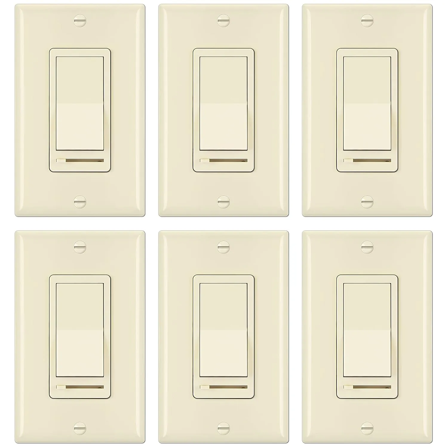 BESTTEN 6 Pack Dimmer Wall Light Switch, Compatible with Dimmable LED, CFL, Incandescent and Halogen Bulb, Single Pole or 3-Way Dimmer Switches, 120VAC, Decorator Wallplate Included, Almond