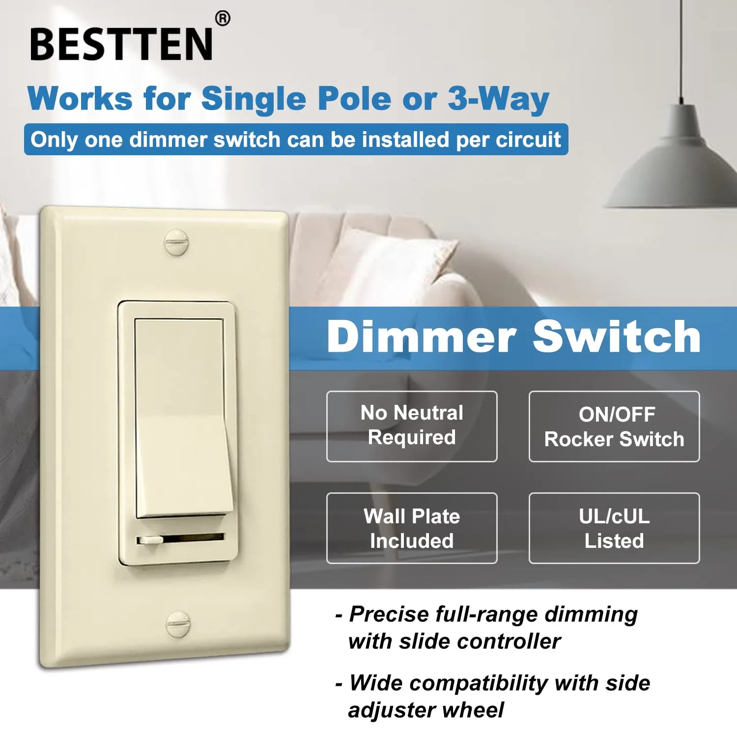 BESTTEN 6 Pack Dimmer Wall Light Switch, Compatible with Dimmable LED, CFL, Incandescent and Halogen Bulb, Single Pole or 3-Way Dimmer Switches, 120VAC, Decorator Wallplate Included, Almond