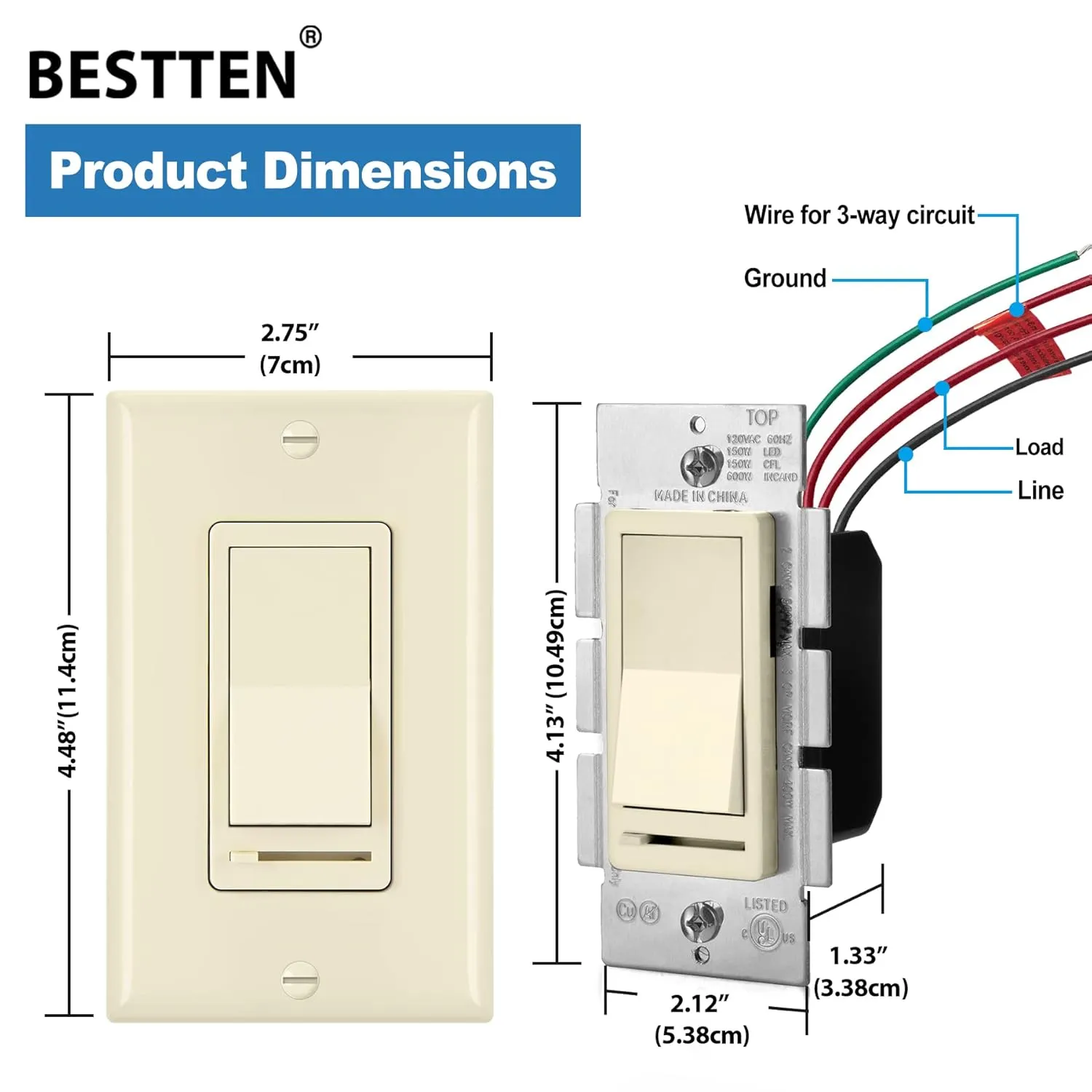 BESTTEN 6 Pack Dimmer Wall Light Switch, Compatible with Dimmable LED, CFL, Incandescent and Halogen Bulb, Single Pole or 3-Way Dimmer Switches, 120VAC, Decorator Wallplate Included, Almond