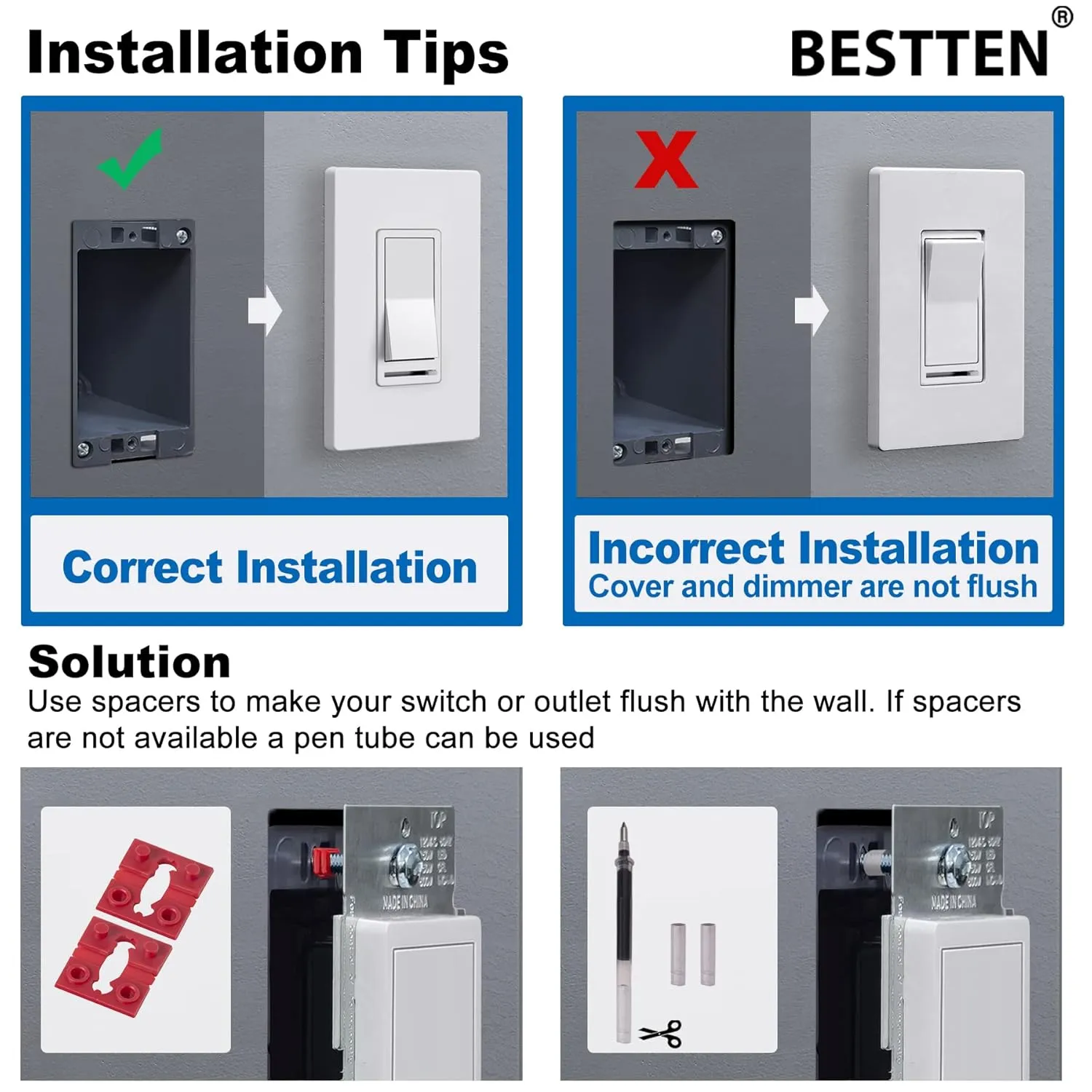 BESTTEN 6 Pack Dimmer Wall Light Switch, Compatible with Dimmable LED, CFL, Incandescent and Halogen Bulb, Single Pole or 3-Way Dimmer Switches, 120VAC, Decorator Wallplate Included, Almond