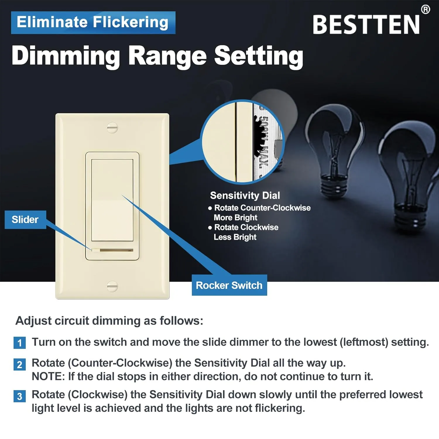 BESTTEN 6 Pack Dimmer Wall Light Switch, Compatible with Dimmable LED, CFL, Incandescent and Halogen Bulb, Single Pole or 3-Way Dimmer Switches, 120VAC, Decorator Wallplate Included, Almond