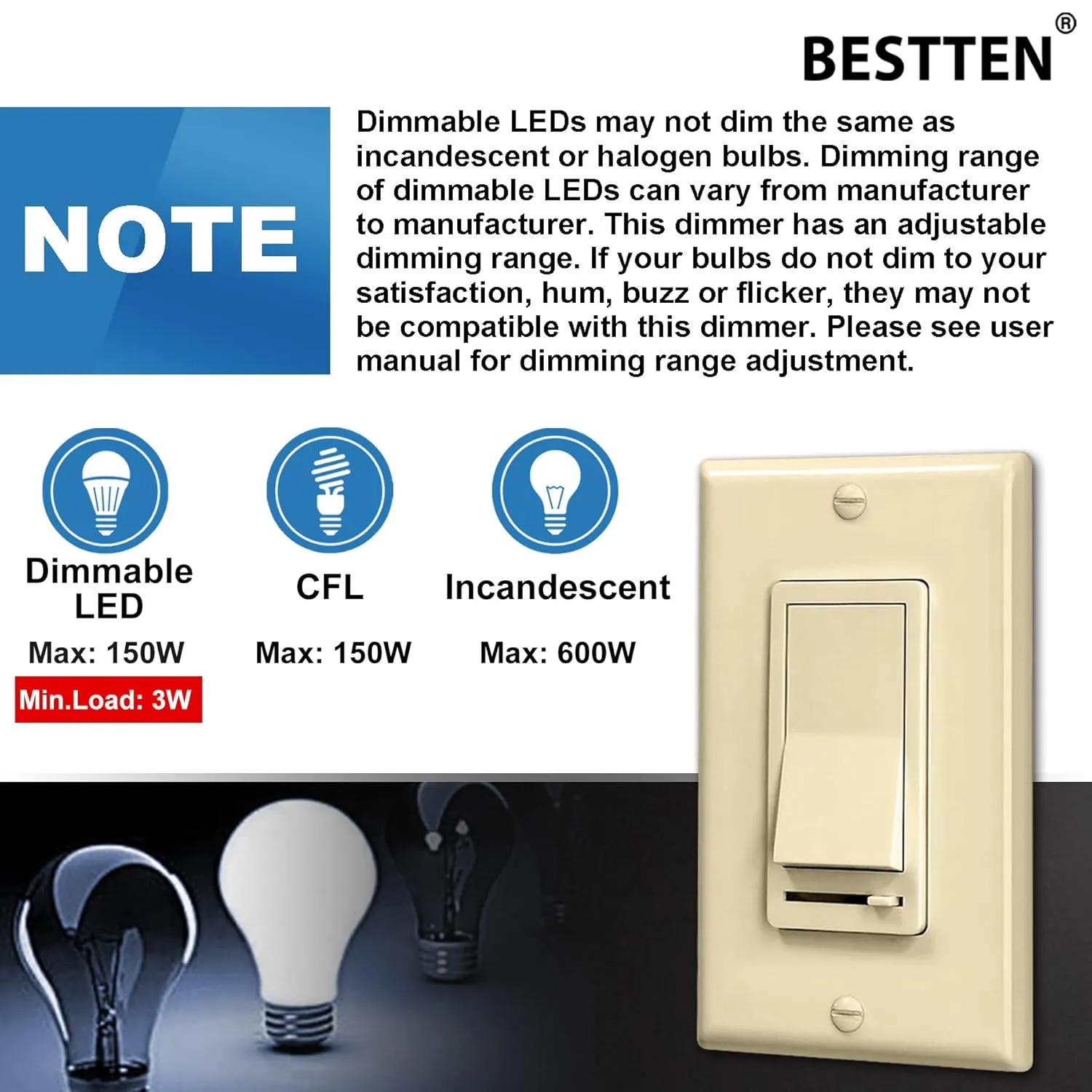 BESTTEN 6 Pack Dimmer Wall Light Switch, Compatible with Dimmable LED, CFL, Incandescent and Halogen Bulb, Single Pole or 3-Way Dimmer Switches, 120VAC, Decorator Wallplate Included, Almond