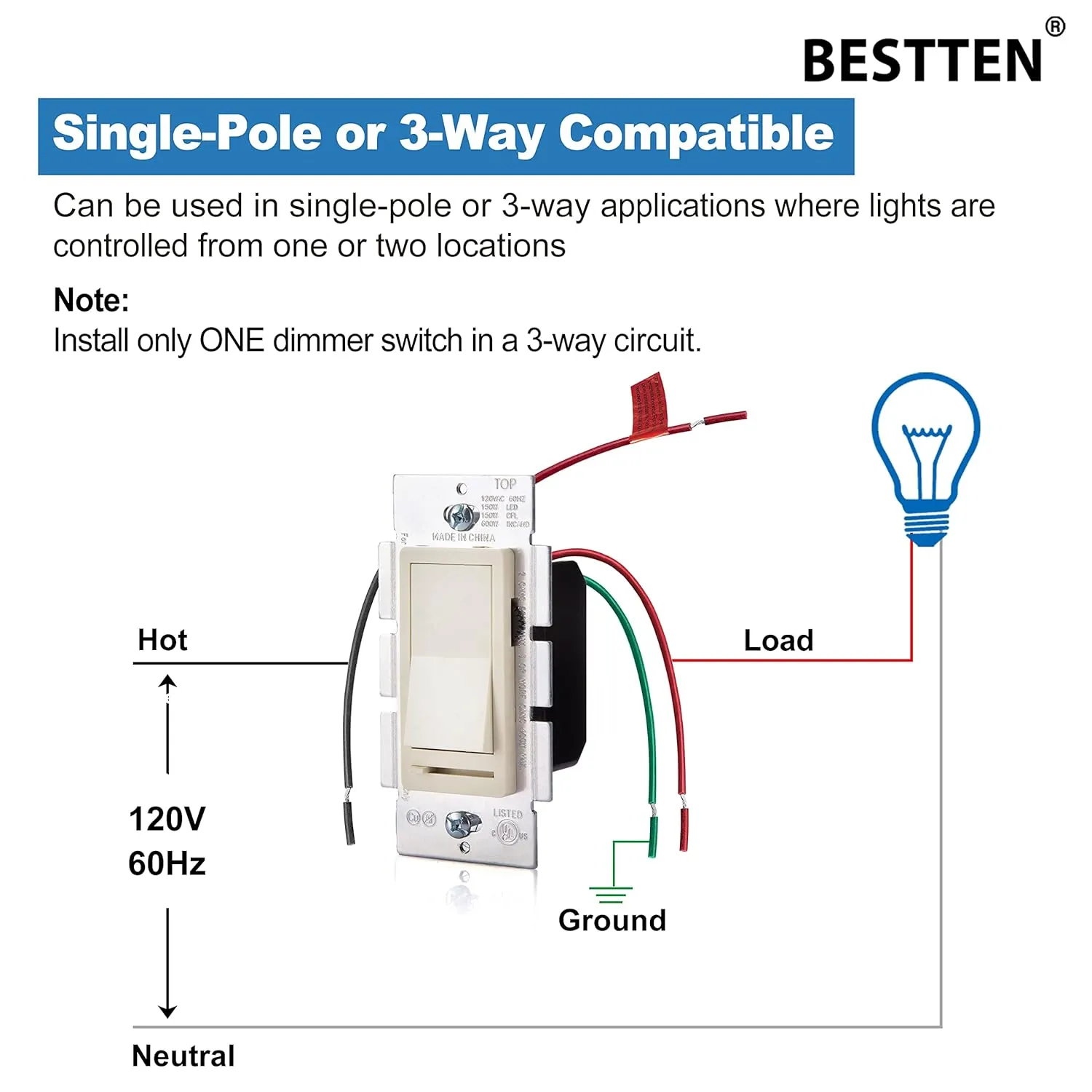BESTTEN 6 Pack Dimmer Wall Light Switch, Compatible with Dimmable LED, CFL, Incandescent and Halogen Bulb, Single Pole or 3-Way Dimmer Switches, 120VAC, Decorator Wallplate Included, Almond