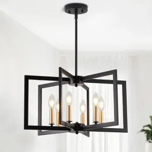 Black Chandelier, Dining Room Light Fixture Geometric Metal Modern Industrial Chandelier Lighting for Farmhouse Living Room Entryway Kitchen (E12 Bulbs Not Included, 6 Light, Black Gold)