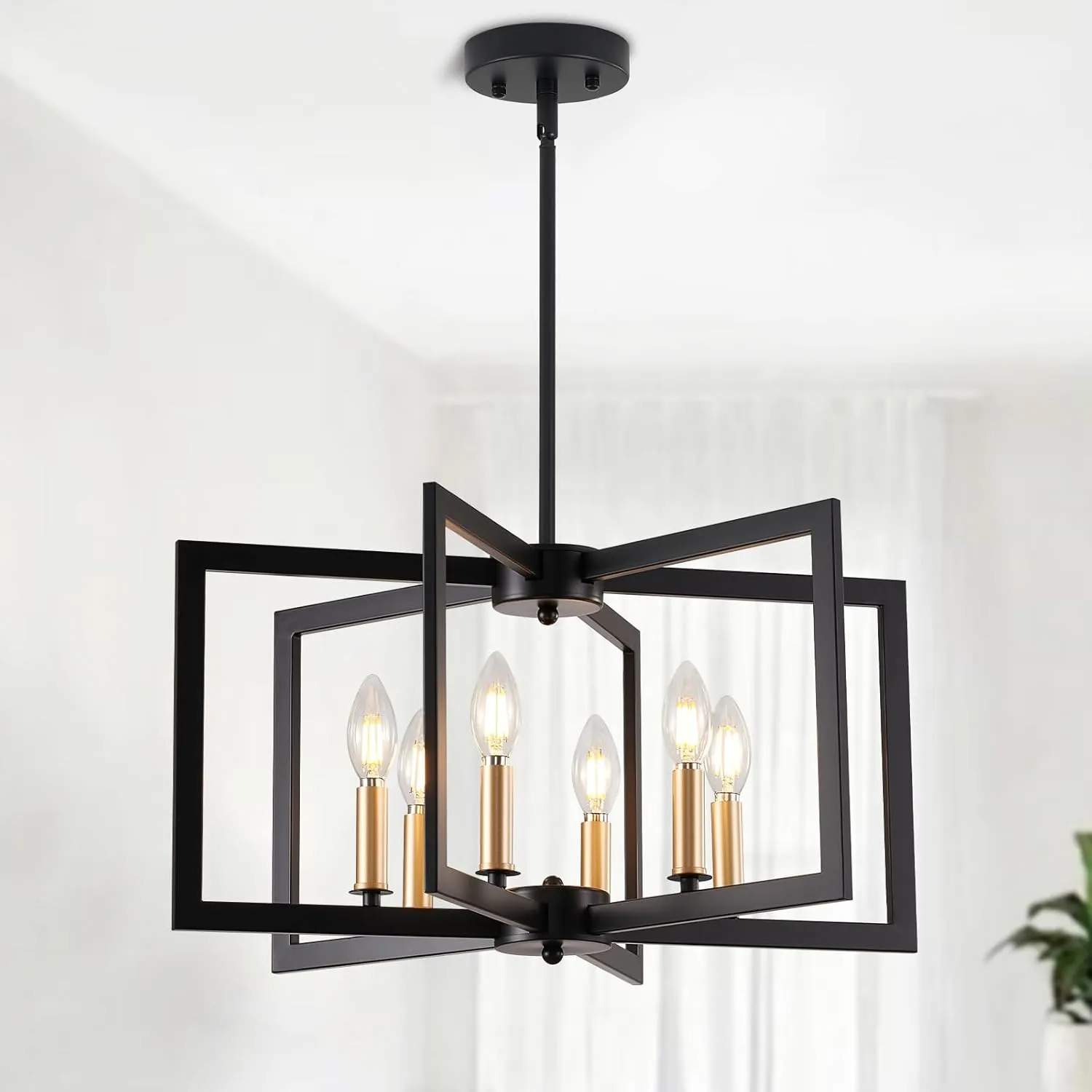 Black Chandelier, Dining Room Light Fixture Geometric Metal Modern Industrial Chandelier Lighting for Farmhouse Living Room Entryway Kitchen (E12 Bulbs Not Included, 6 Light, Black Gold)
