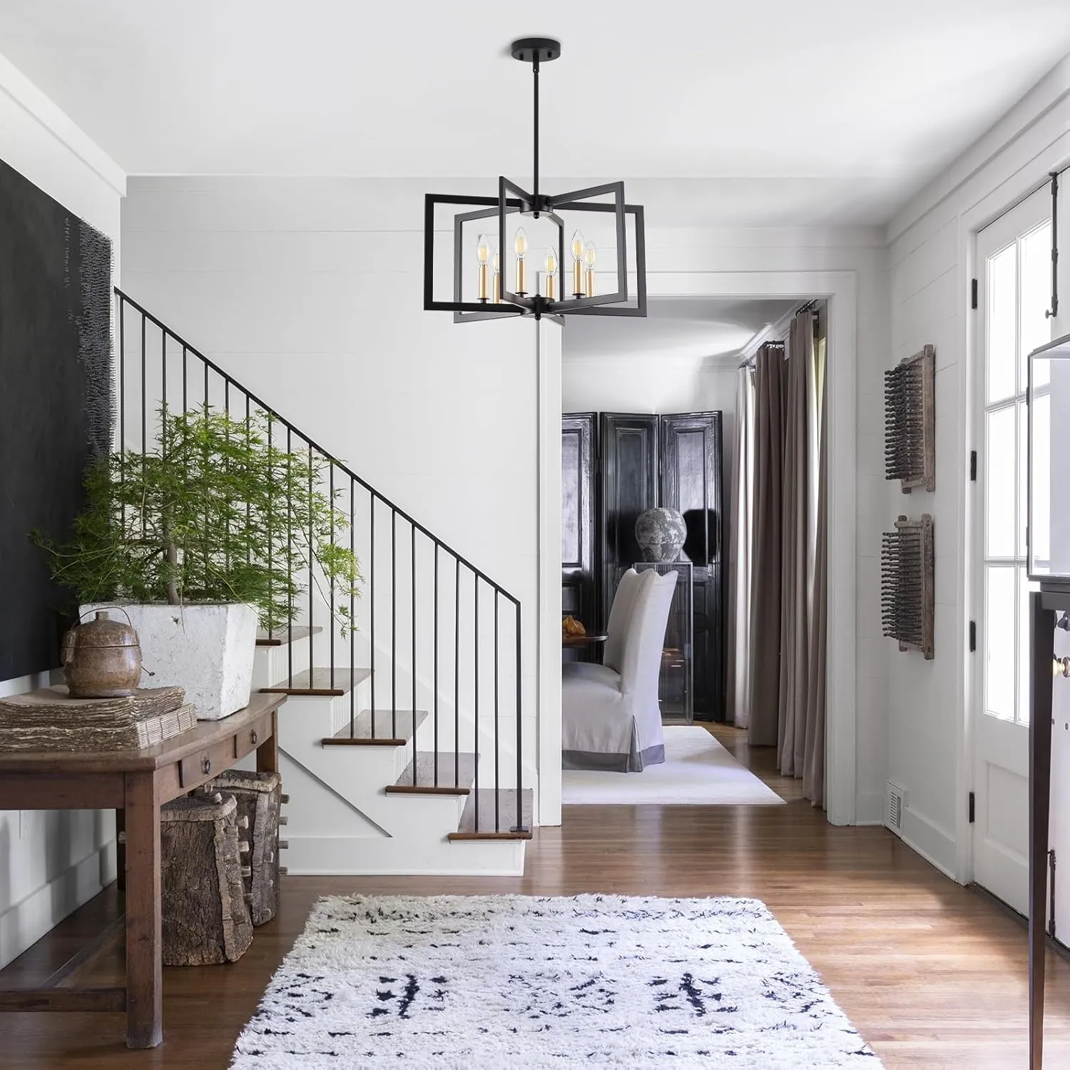 Black Chandelier, Dining Room Light Fixture Geometric Metal Modern Industrial Chandelier Lighting for Farmhouse Living Room Entryway Kitchen (E12 Bulbs Not Included, 6 Light, Black Gold)