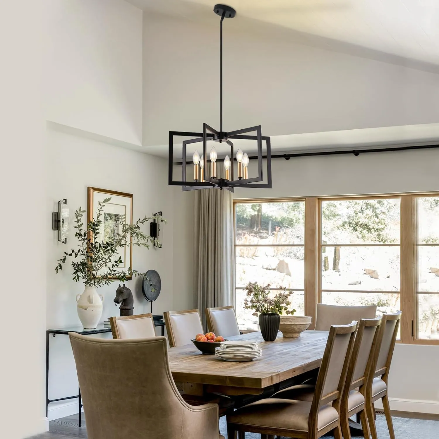 Black Chandelier, Dining Room Light Fixture Geometric Metal Modern Industrial Chandelier Lighting for Farmhouse Living Room Entryway Kitchen (E12 Bulbs Not Included, 6 Light, Black Gold)