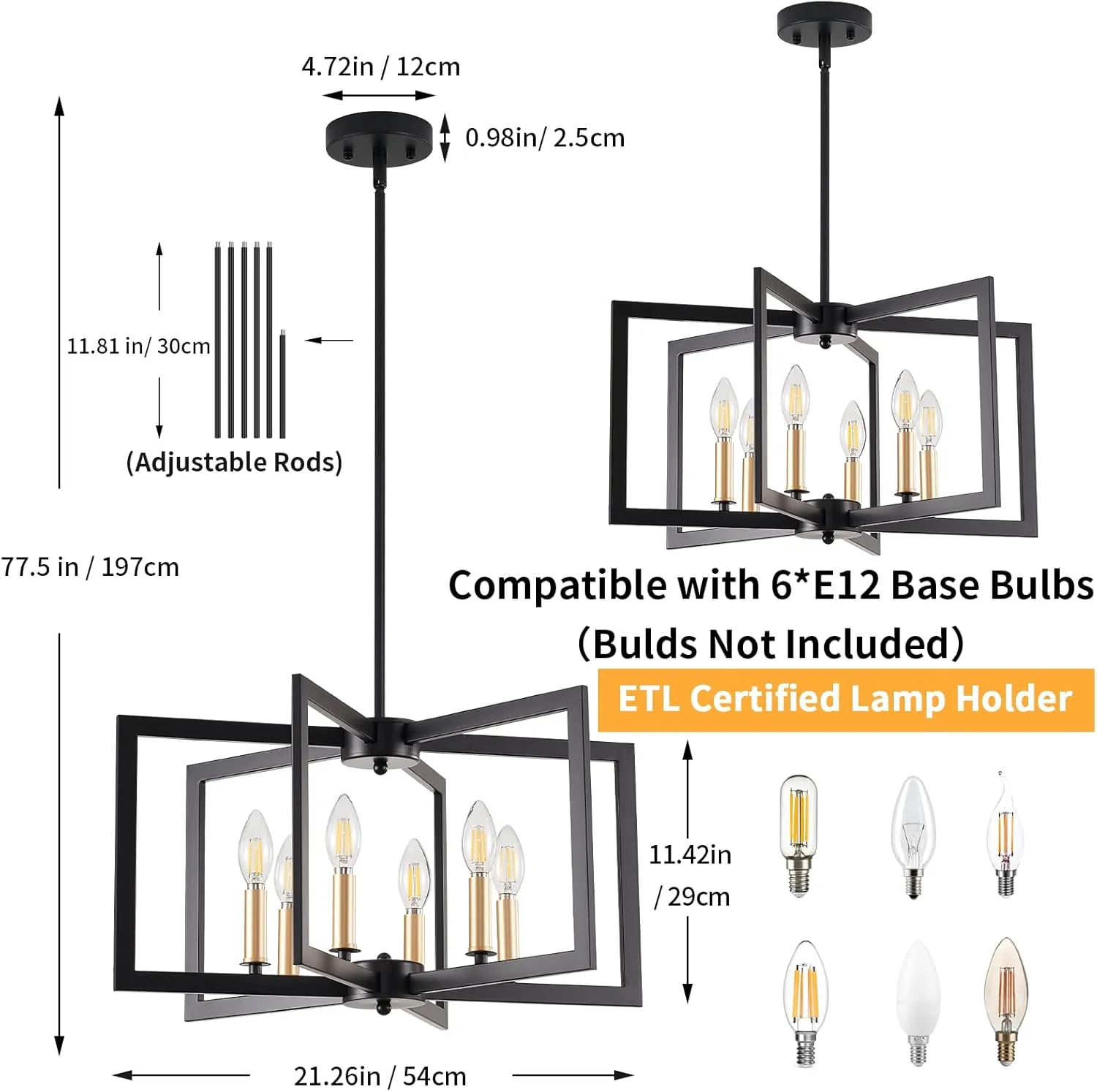 Black Chandelier, Dining Room Light Fixture Geometric Metal Modern Industrial Chandelier Lighting for Farmhouse Living Room Entryway Kitchen (E12 Bulbs Not Included, 6 Light, Black Gold)