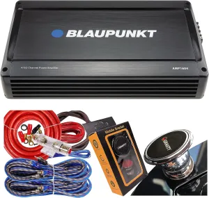 BLAUPUNKT AMP1604 1600 Watts – 4 Channel 2 Ohm Stable Full Range Amplifier Boost Bass, 4/3/2 Channels, Slim Compact Amp with 4 Gauge Amplifier Red Kit and Gravity Magnet Phone Holder Bundle