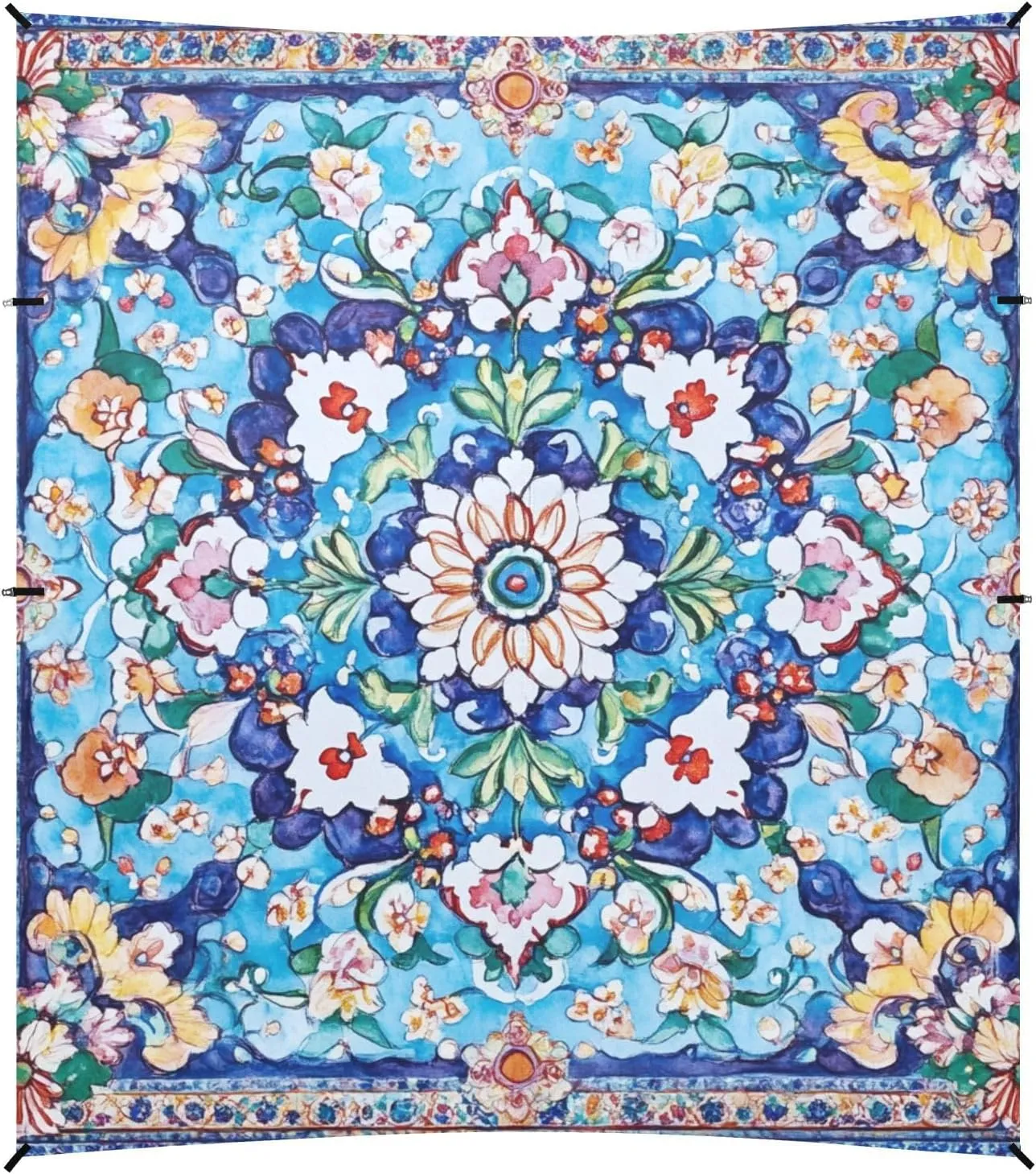 Bohemian Boho Vintage Mandala Style Flower Foldable Beach Canopy UPF50 Water-Resistant Portable Sunshade with Sandbags & Sand Shovel for Family Trips, Picnics & Camping