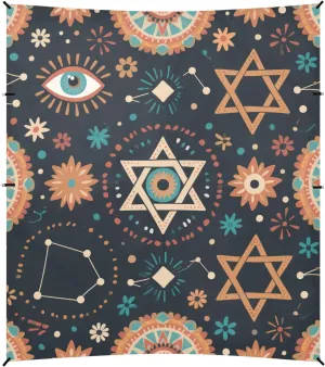 Bohemian Hexagram Eye Star Blue Foldable Beach Canopy UPF50 Waterproof Large Sun Shade with Sturdy Poles, Sandbags and Shovel for Backyard and Camping