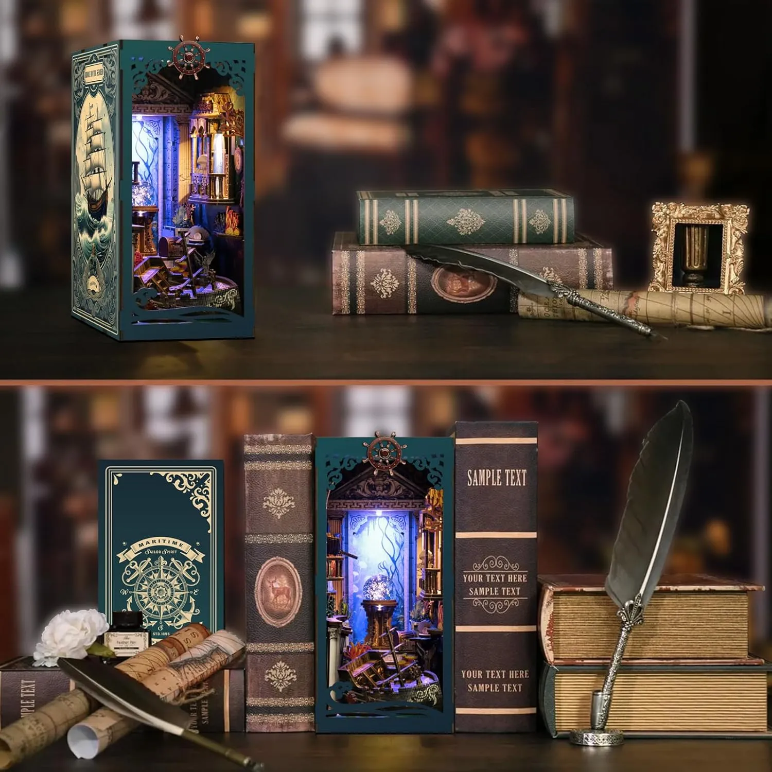 Book Nook Kit - DIY Miniature House Dollhouse Kit for Adults and Teens Booknook 3D Wooden Puzzle Creative Bookshelf Décor Decorative Bookend Riddle on The Seabed