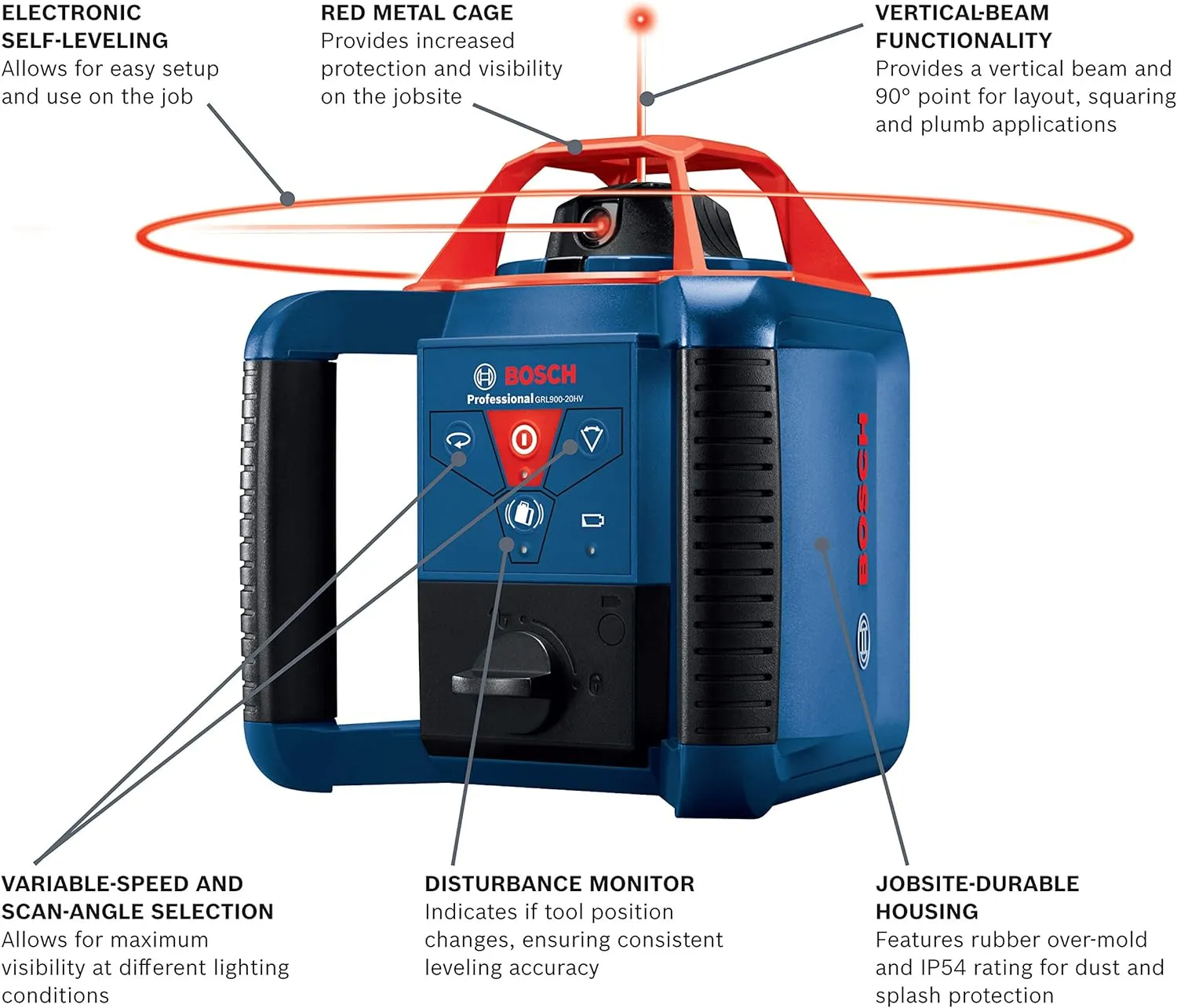 BOSCH GRL900-20HVK REVOLVE Self-Leveling Horizontal/Vertical Rotary Laser Kit, Includes Tripod, Grade Rod, Receiver, 2 D Batteries, Carrying Case, & Accessories