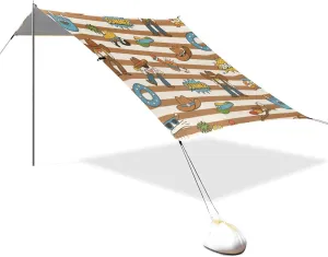 Brown White Vintage Western Cowboy Designed UPF50  Foldable Beach Canopy Easy Setup Large Sun Shade with Sandbags & Sand Shovel for Camping, Picnics, Backyard & Fishing Silla con sombrilla