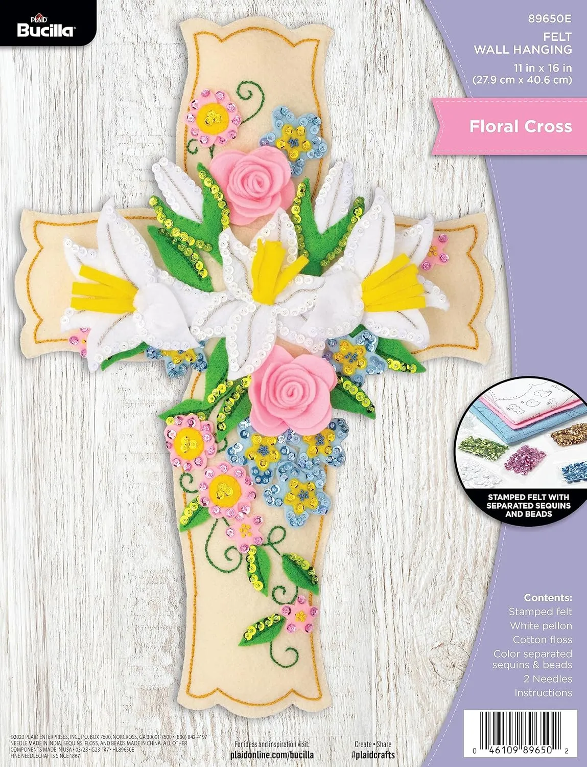 Bucilla Felt Applique Wall Hanging Kit, Floral Cross, Perfect for DIY Arts and Crafts, 89650E