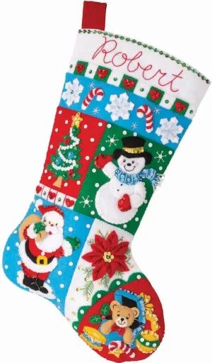 Bucilla, Holiday Patchwork, Felt Applique 18" Stocking Making Kit, Perfect for DIY Arts and Crafts, 89604E