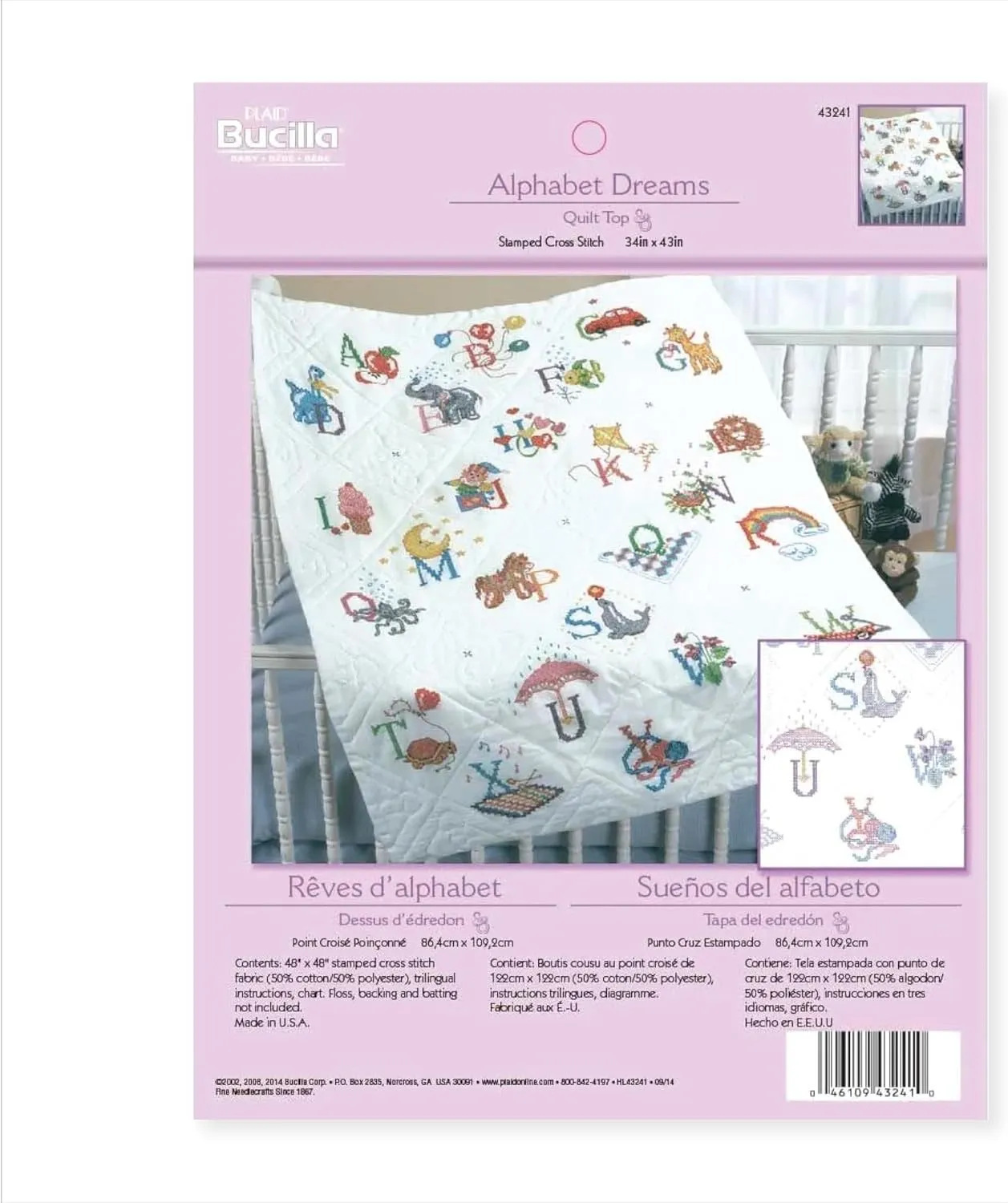 Bucilla Stamped Cross Stitch Baby Quilt Top, 34 by 43-Inch, 43241 Alphabet Dreams