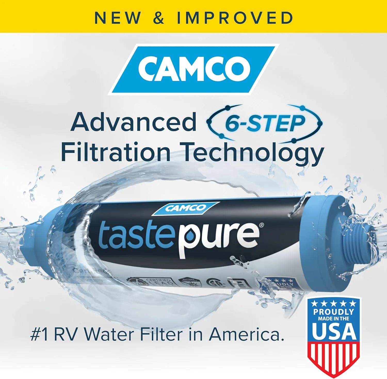 Camco Tastepure RV Water Filter - New Advanced 6-Step Patent-Protected Filtration - Camping Essentials for Fresh Drinking Water - 2-Pack of RV Inline Water Filters, Made in USA (40045)