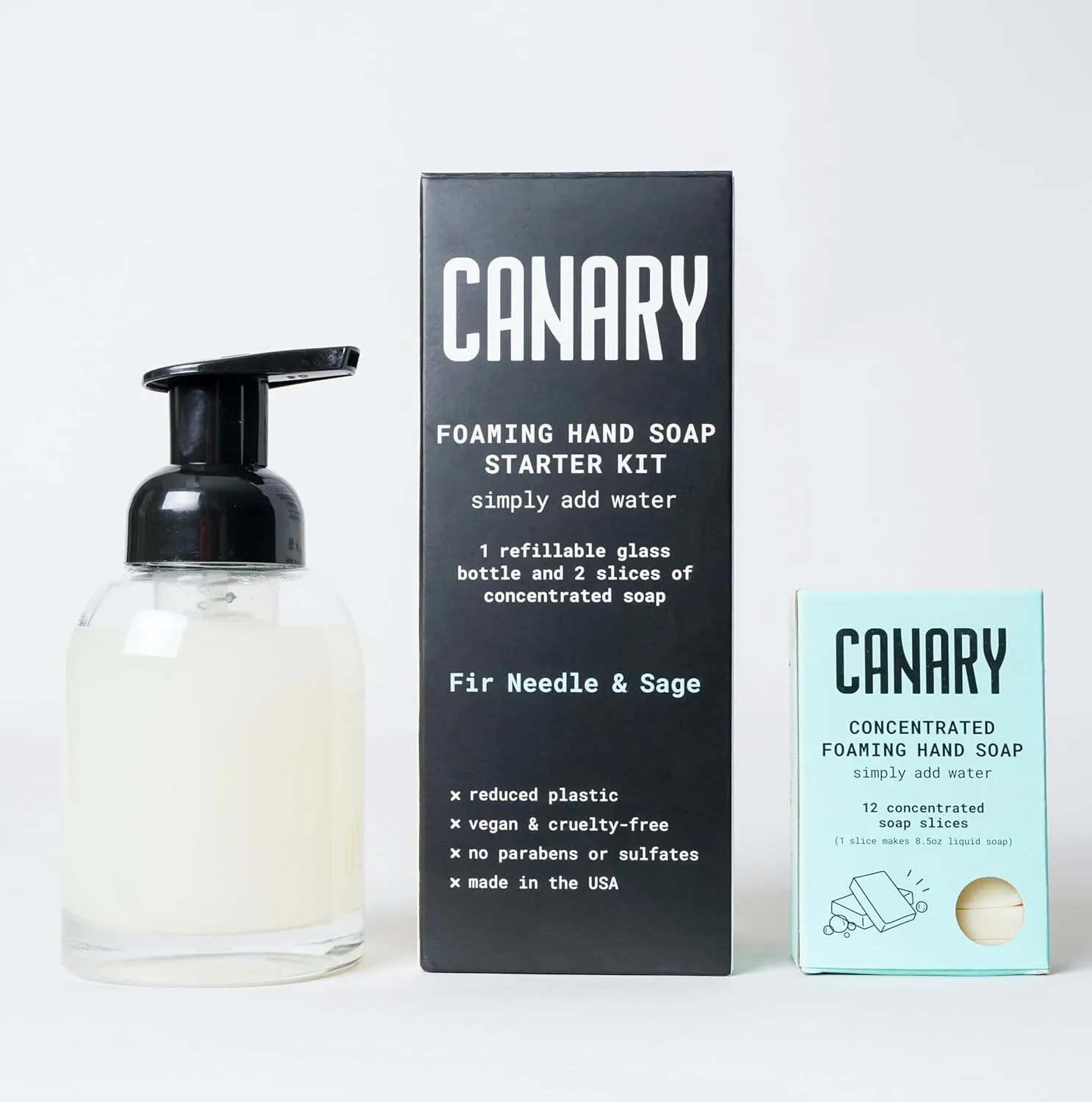 Canary Foaming Hand Soap Bars Kit - Refillable Zero Waste Hand Wash Concentrate with Coconut Oil - All Natural, Moisturizing, Organic, Non Toxic, Fir and Sage, 1 Bottle, 14 refills