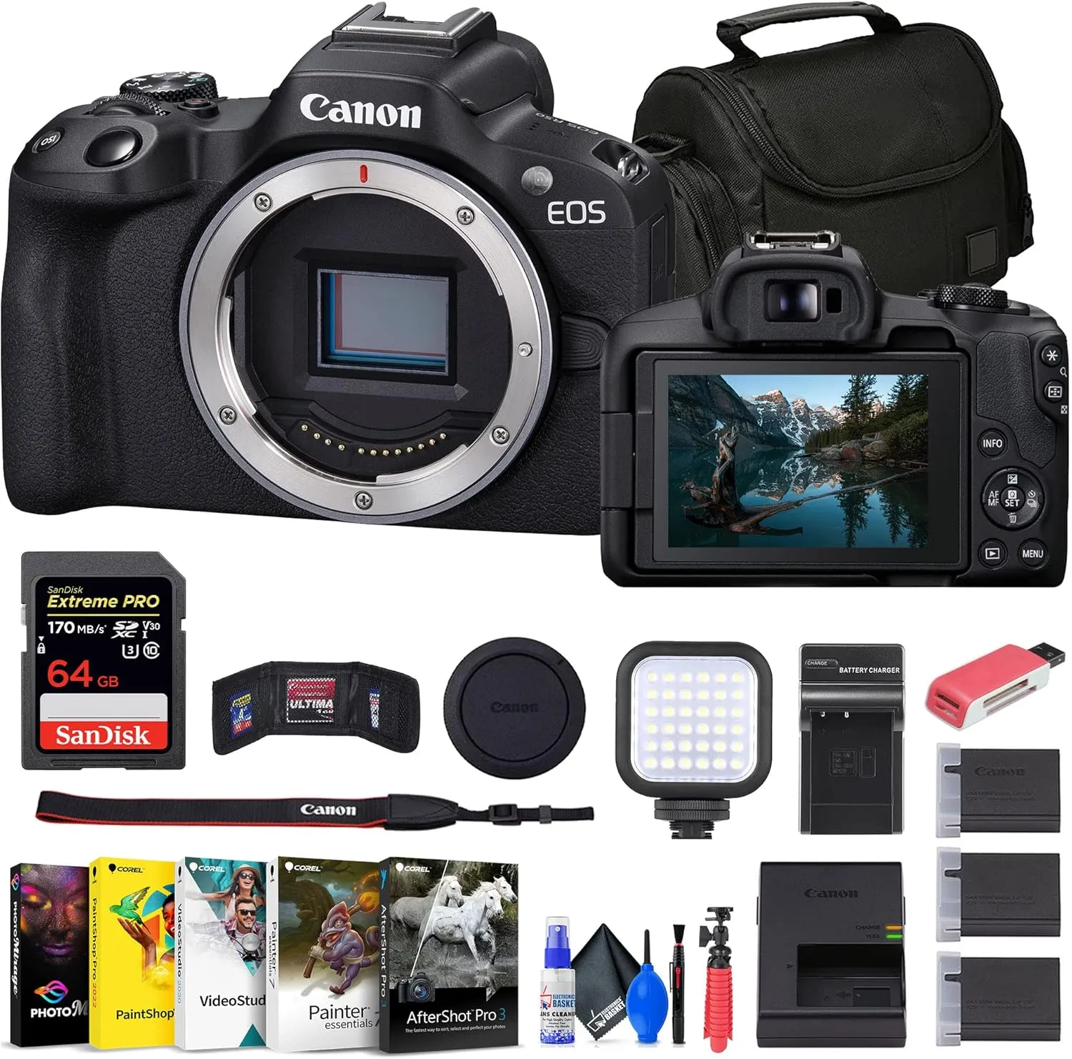 Canon EOS R50 Mirrorless Camera (Black) (5811C002)   Rode VideoMic   64GB Card   Corel Photo Software   Bag   Charger   2 x LPE17 Battery   Card Reader   LED Light   Flex Tripod   More (Renewed)