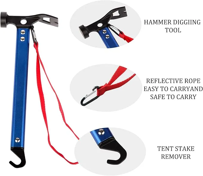Carbon Steel Aluminum Camping Hammer, 12" Small Lightweight Three-in-One Functional Tent Stake Hammer for Hiking Kit Blue