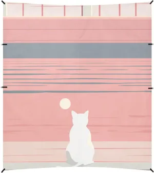 Cartoon Cat and Sunset Foldable Beach Canopy UPF50  Waterproof Outdoor Sun Shade with Sturdy Poles, Sandbags and Shovel for Camping, Fishing, Backyard Fun