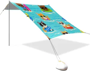 Cat Dog Swim Summer Blue Cartoon Designed UPF50 Beach Tent & Canopy Waterproof Large Sun Shelter Includes Sand Shovel, Sandbags, Stability Poles for Camping Trips, Fishing, Backyard Fun or