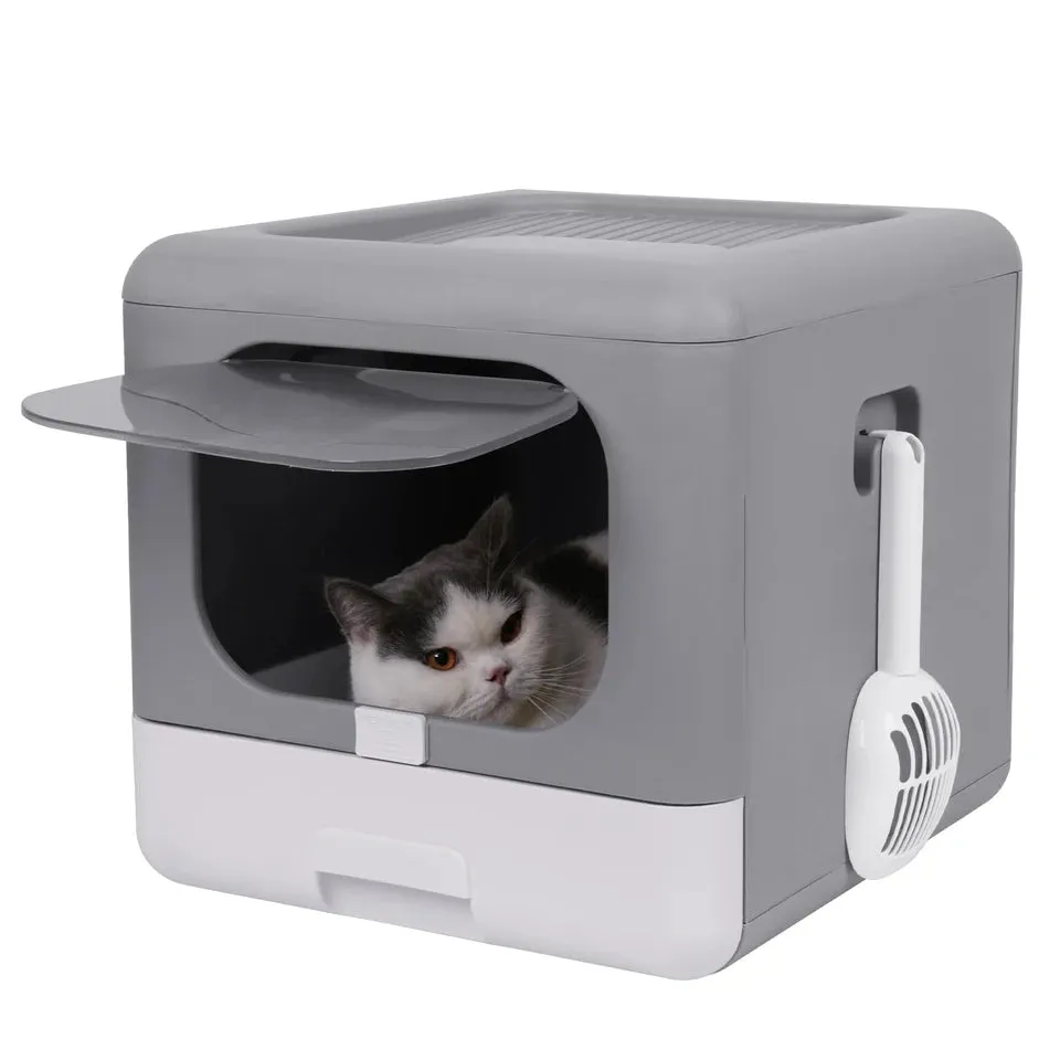 Cat Litter Box Foldable Top Entry Litter BoxCat Litter Scoop Drawer for Medium and Large Cats