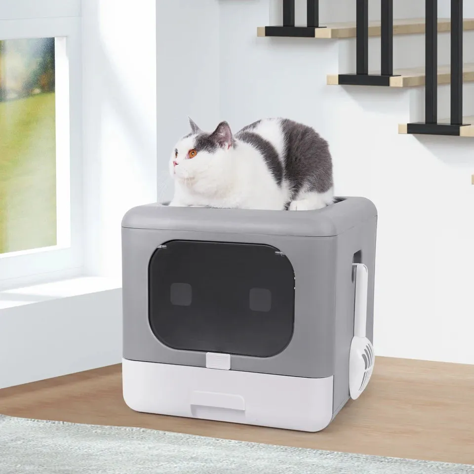 Cat Litter Box Foldable Top Entry Litter BoxCat Litter Scoop Drawer for Medium and Large Cats
