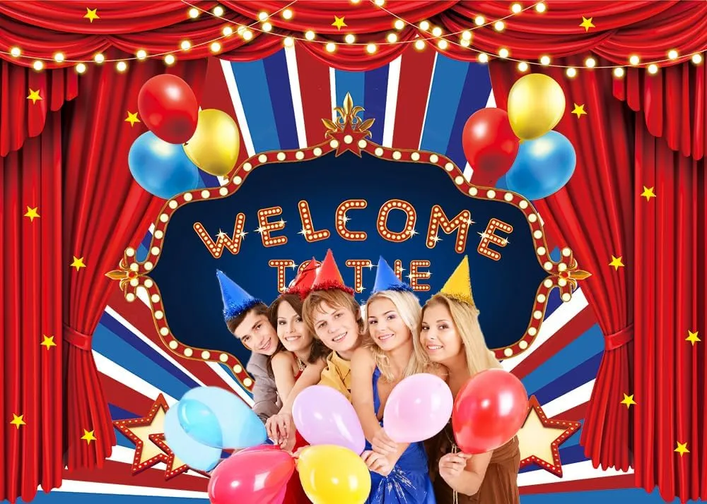 Circus Carnival Backdrop Welcome to The Circus Red Curtain Glitter Stars Birthday Party Photography Background Newborn Baby Shower Carnival Theme Birthday Party Cake Table Decoration (8x6FT)