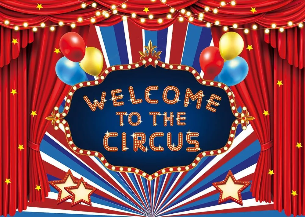 Circus Carnival Backdrop Welcome to The Circus Red Curtain Glitter Stars Birthday Party Photography Background Newborn Baby Shower Carnival Theme Birthday Party Cake Table Decoration (8x6FT)