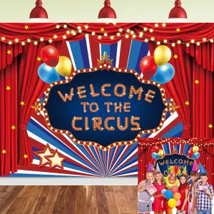 Circus Carnival Backdrop Welcome to The Circus Red Curtain Glitter Stars Birthday Party Photography Background Newborn Baby Shower Carnival Theme Birthday Party Cake Table Decoration (8x6FT)