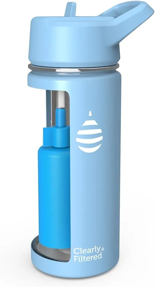 Clearly Filtered Water Bottle | Removes 220  Contaminants, Double-Wall Insulated Stainless Steel, BPA/BPS Free, Phthalate Free, Filters Flouride Lead Chlorine (16oz, Sky Blue)