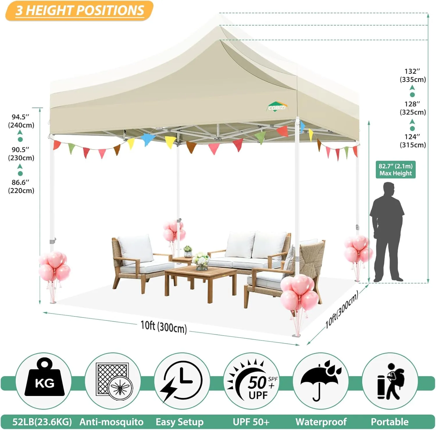 COBIZI 10x10 Canopy Tent with 4 Sidewalls,Heavy Duty Pop up Canopy with Mosquito Netting,Easy up Screen Tent for Parties Wedding Outdoor Camping with Handbag,Khaki