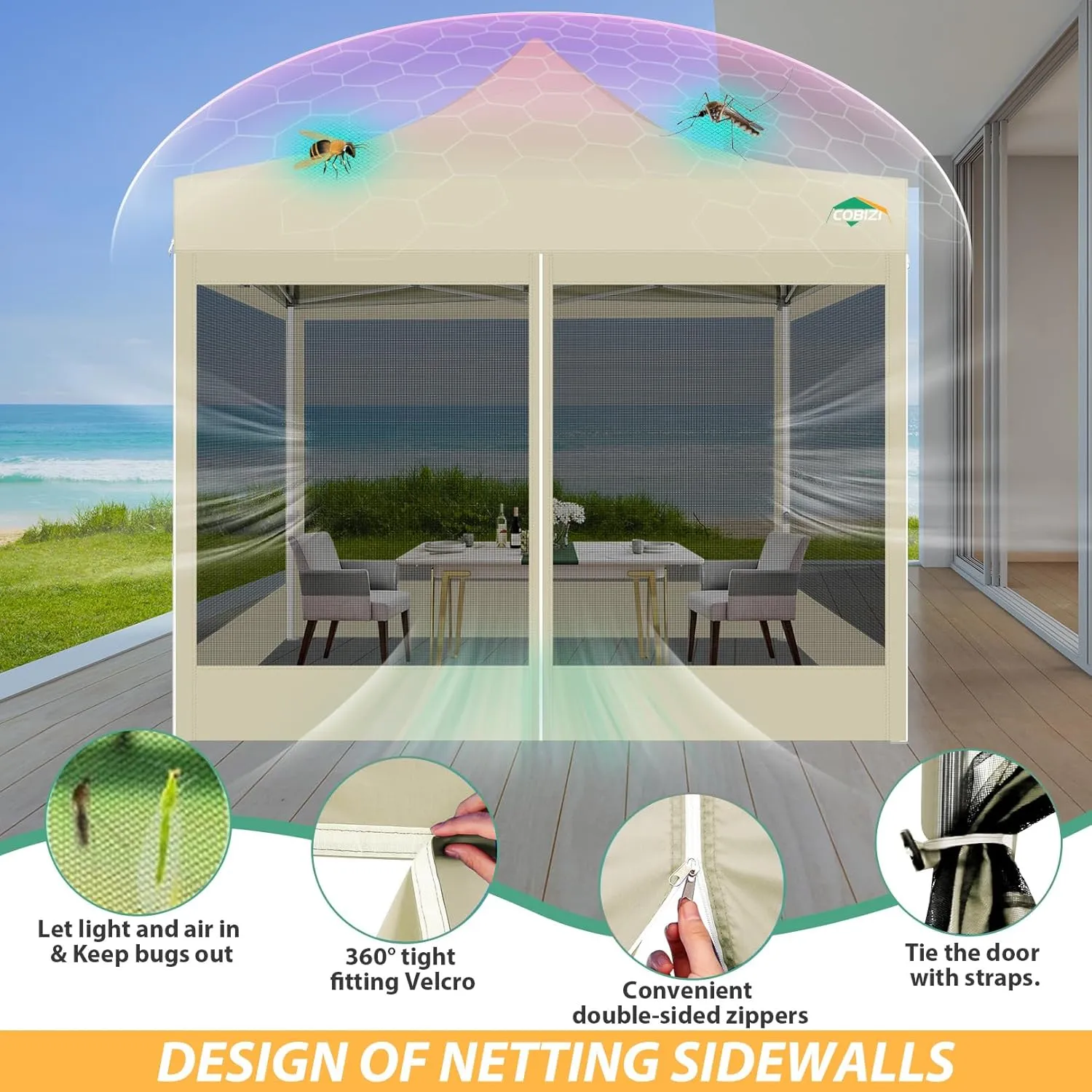 COBIZI 10x10 Canopy Tent with 4 Sidewalls,Heavy Duty Pop up Canopy with Mosquito Netting,Easy up Screen Tent for Parties Wedding Outdoor Camping with Handbag,Khaki