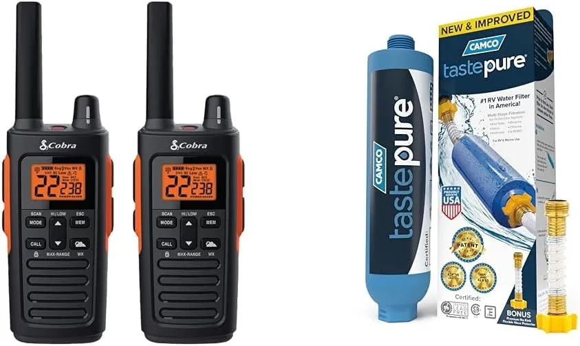 Cobra RX680 38-Mile Walkie Talkies (2-Pack) & Camco RV Water Filter - 6-Step Filtration, Made in USA