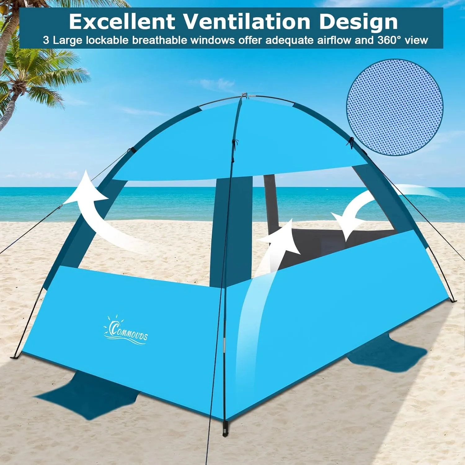 COMMOUDS Beach Tent Sun Shade for 3/4-5/6-7/8-10 Person, UPF 50  Beach Sun Shelter Canopy Tent, Lightweight, Easy Set Up and Carry