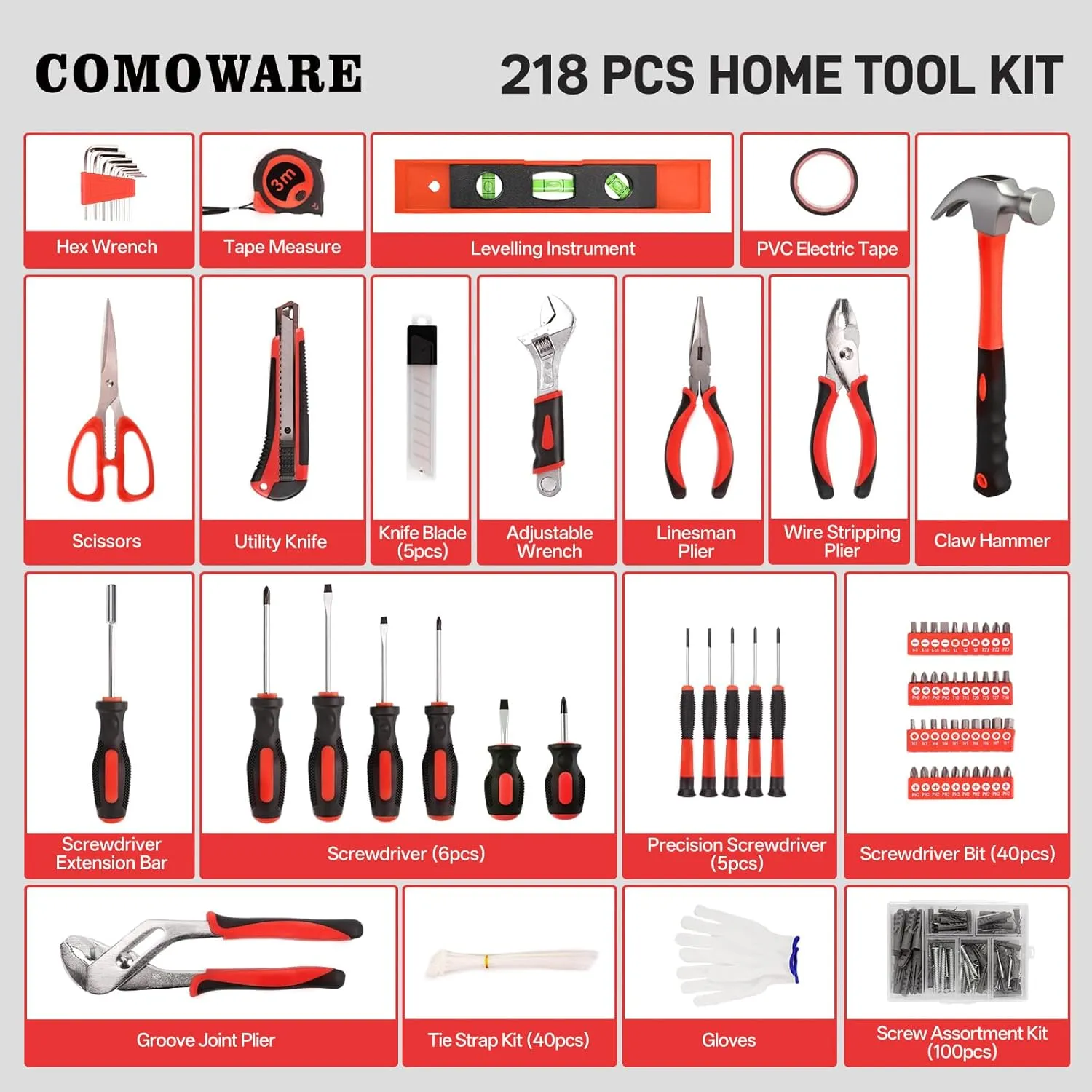 COMOWARE 218 Pcs Home Tool Kit - Basic Household Hand Tool Set, Truck Tool Kit Socket Wrench Combination Tool Set for Home with Plastic Toolbox Storage Case, Rv tool set，Red