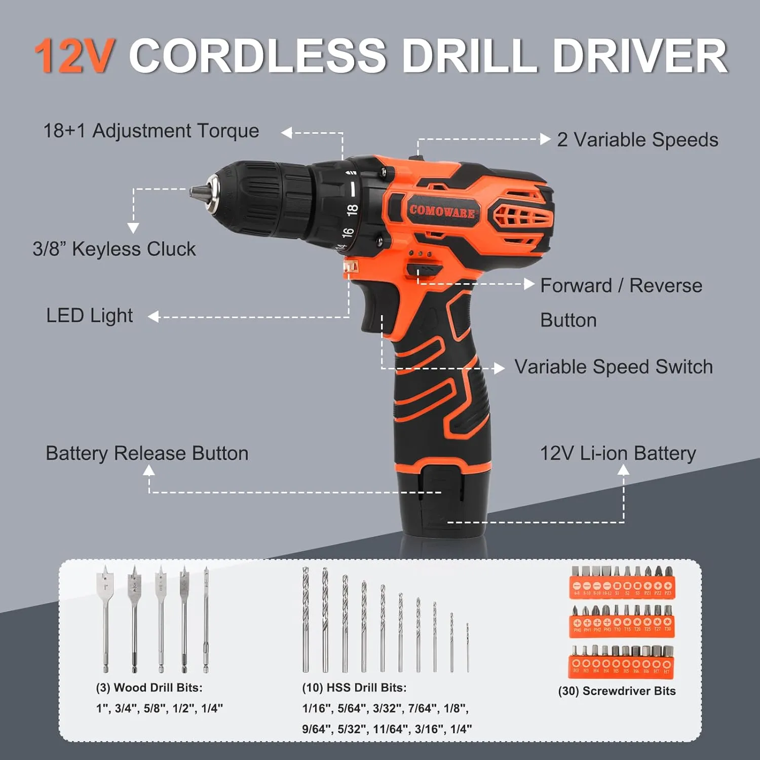 COMOWARE Home Tool Kit with 12V Cordless Power Drill, 169PCS Household Tool Set, Orange Storage Bag for DIY Home Repair & Maintenance