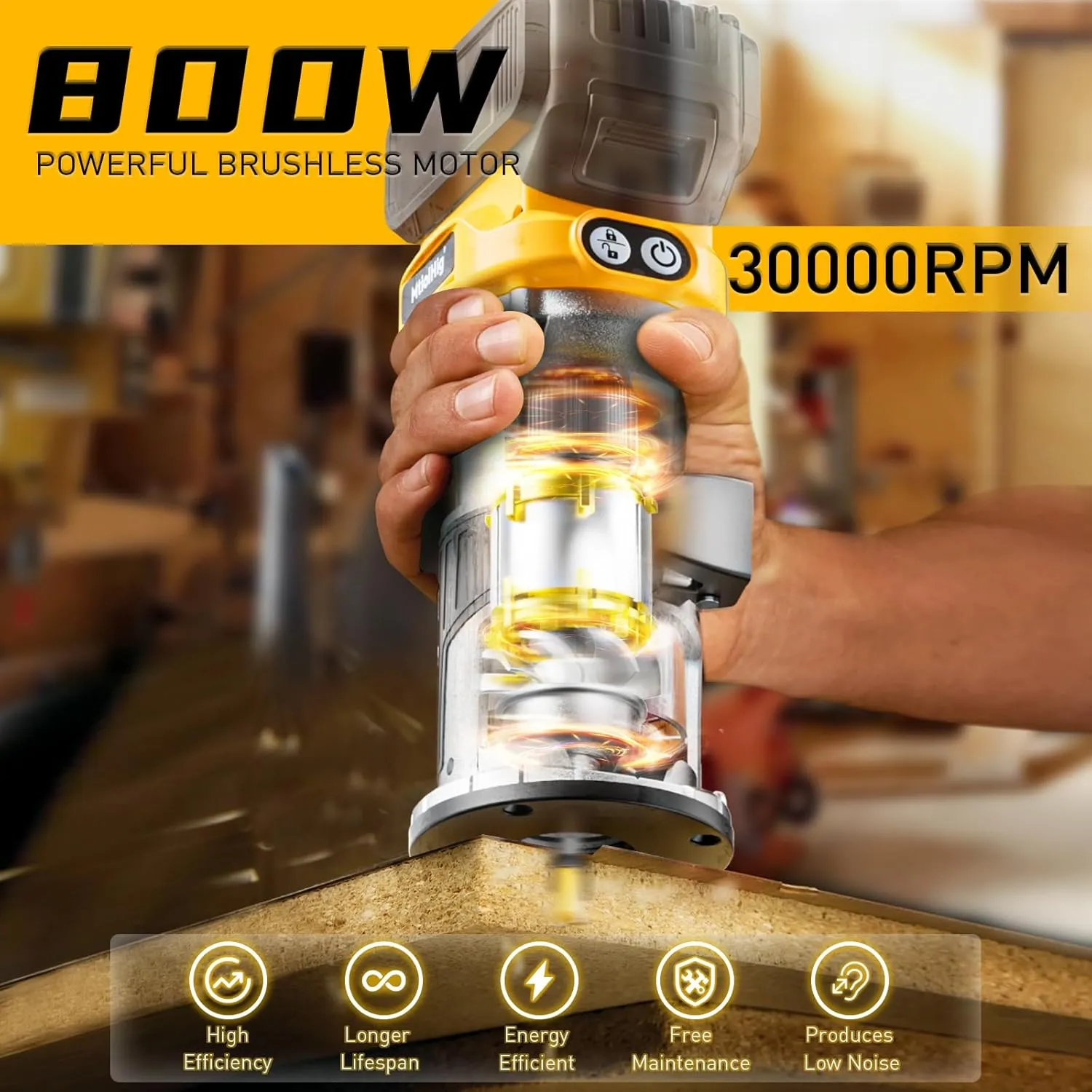 Cordless Compact Router for DeWalt 20V Battery (Bare Tool), 6 Variable Speeds for Woodworking, 800W 30,000 RPM Fixed Base Wood Router With Trim Bits, Edge & Roller Guide, Dust Hood