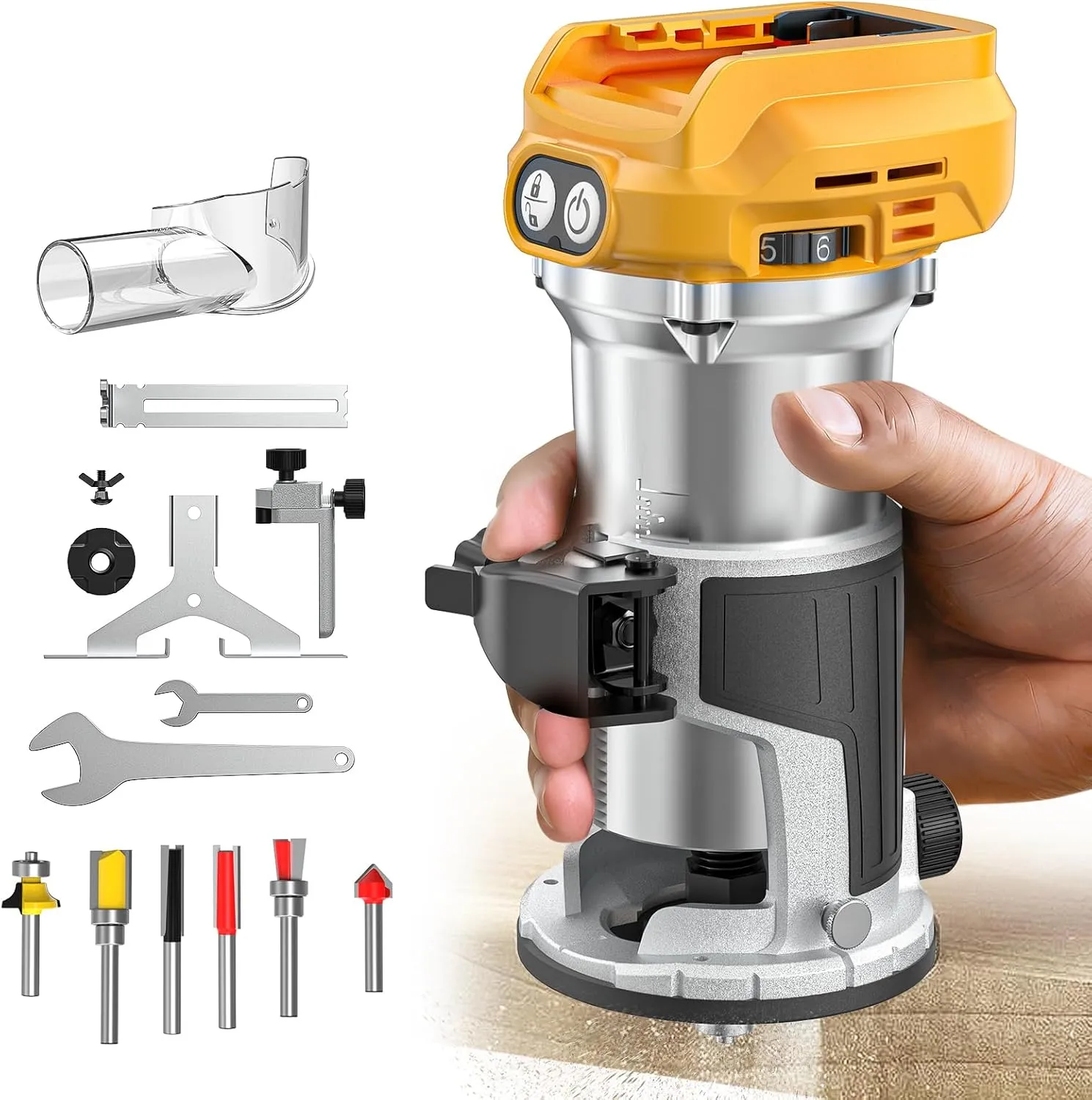 Cordless Compact Router for DeWalt 20V Battery (Bare Tool), 6 Variable Speeds for Woodworking, 800W 30,000 RPM Fixed Base Wood Router With Trim Bits, Edge & Roller Guide, Dust Hood