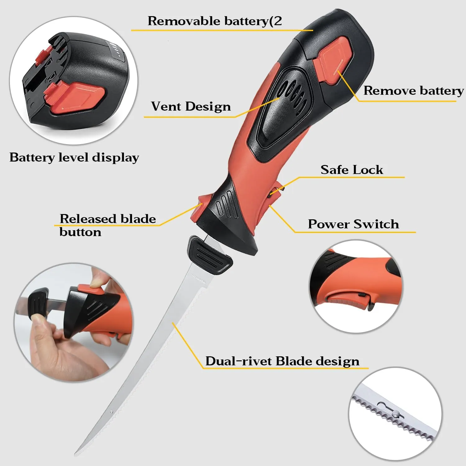 Cordless Electric Fillet Knife - 5 Ti-Nitride Coated Non-Stick Blades, Ergonomic Non-Slip Grip Handle & Cooling Vent Stylish with Carry Bag ,Perfect Electric Knife for Effortless Fishing (Orange)