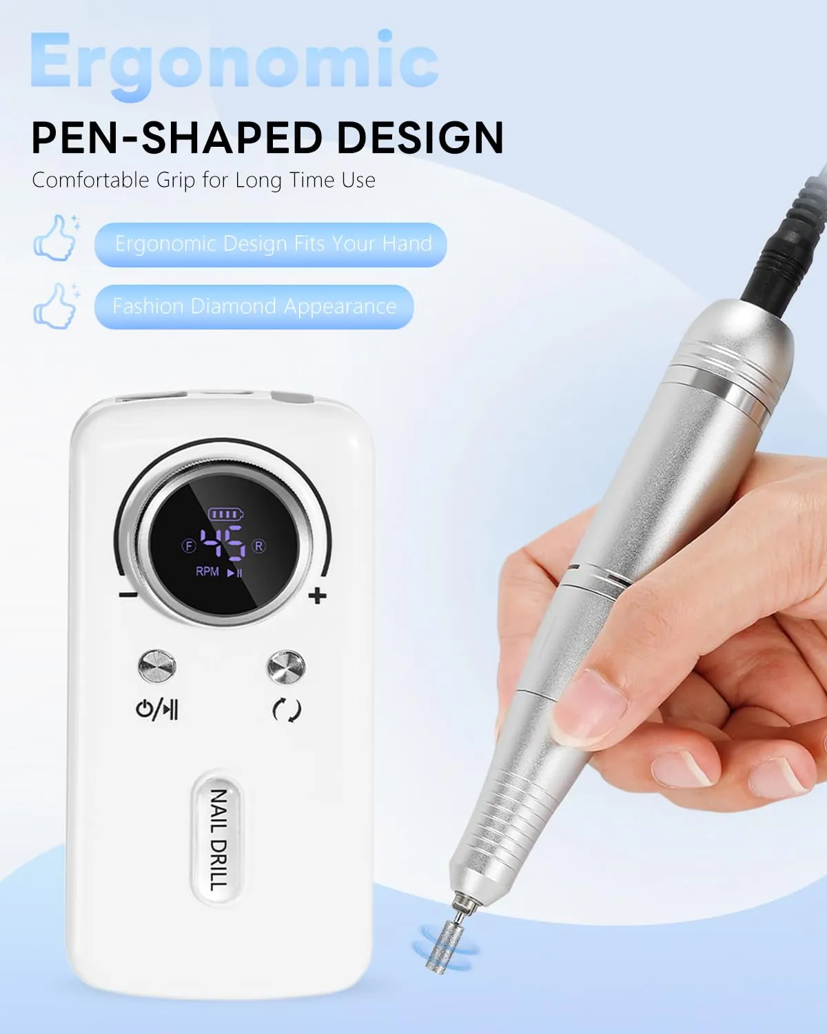 Cordless Nail Drill Professional: 45000 RPM Rechargeable Electric Nail File Kit, Portable & Low Noise for Acrylic, Gel Nails, Manicure & Pedicure - Salon & Home Use