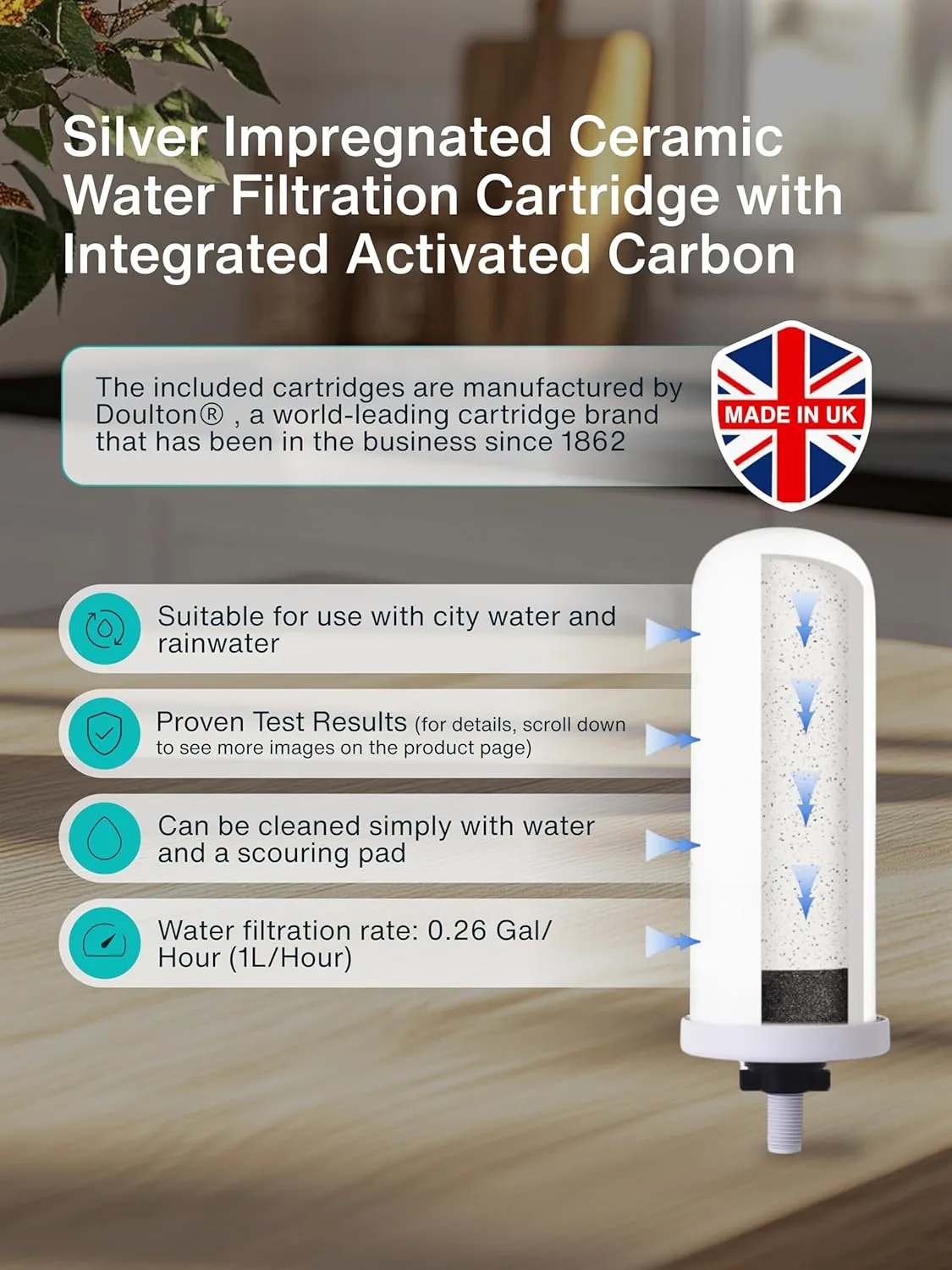 Countertop Gravity Water Filter System - 4.23 Gal/16L | 304 Stainless Steel | Gravity-Fed Water Purifier with 2 Fluoride & Chlorine Reduction Cermaic Cartridges | Also Removes Bacteria & Heavy Metals