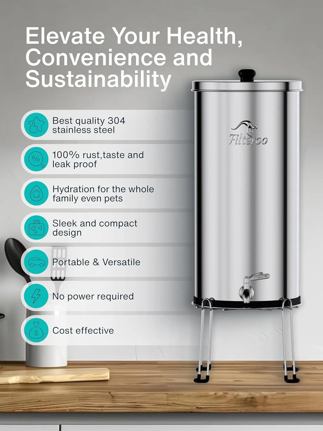 Countertop Gravity Water Filter System - 4.23 Gal/16L | 304 Stainless Steel | Gravity-Fed Water Purifier with 2 Fluoride & Chlorine Reduction Cermaic Cartridges | Also Removes Bacteria & Heavy Metals