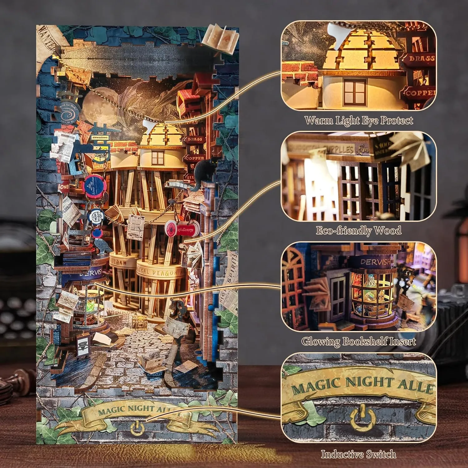 CRIOLPO Book Nook Kit-DIY Doll House Wooden Miniature House Kit, Book Nook Miniature Kit for Adults Teens, 3D Wooden Puzzle Bookshelf Insert Kits with Sensor Led Light