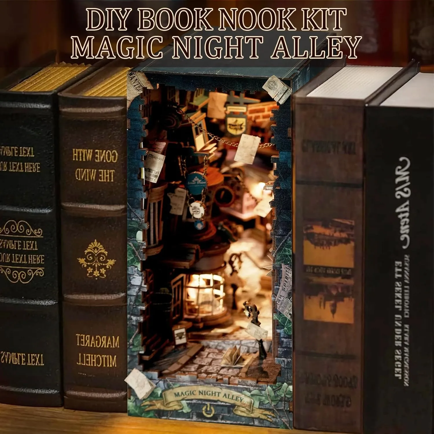 CRIOLPO Book Nook Kit-DIY Doll House Wooden Miniature House Kit, Book Nook Miniature Kit for Adults Teens, 3D Wooden Puzzle Bookshelf Insert Kits with Sensor Led Light